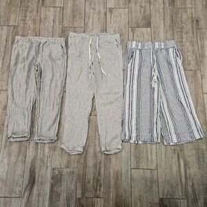 Striped Linen Pants‎ Womens Size S Lot of 3 Pull On Drawstring Cropped Casual